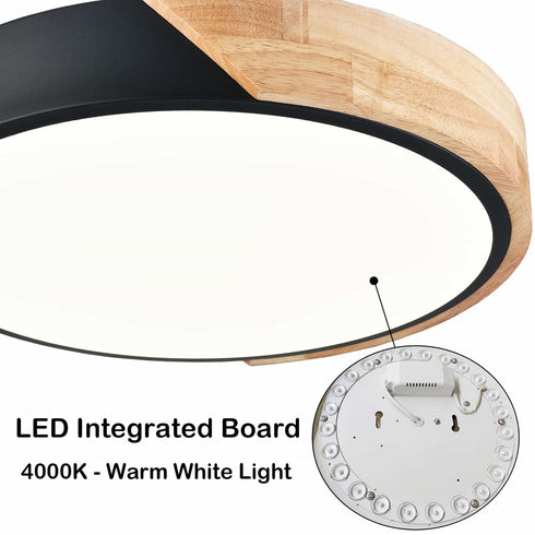 Modern Black and Wood LED Flush Mount Ceiling Light